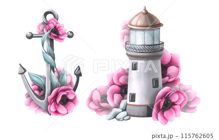 Sea lighthouse with pink anemone flowers. Watercolor illustration, hand drawn. set of elements isolated from background. For stickers, prints, posters, postcards Sea lighthouse with pink anemone flowers. Watercolor illustration, hand drawn. set of elements isolated from background. For stickers, prints, posters, postcards 115762605