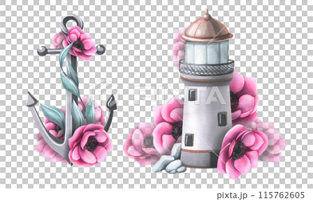 Sea lighthouse with pink anemone flowers. Watercolor illustration, hand drawn. set of elements isolated from background. For stickers, prints, posters, postcards Sea lighthouse with pink anemone flowers. Watercolor illustration, hand drawn. set of elements isolated from background. For stickers, prints, posters, postcards 115762605
