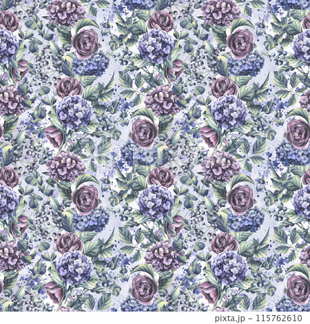 Hydrangea flowers, roses with leaves, eucalyptus branches and decorative berries on the background of watercolor washes. Illustration, seamless pattern from the WEDDING FLOWERS collection 115762610