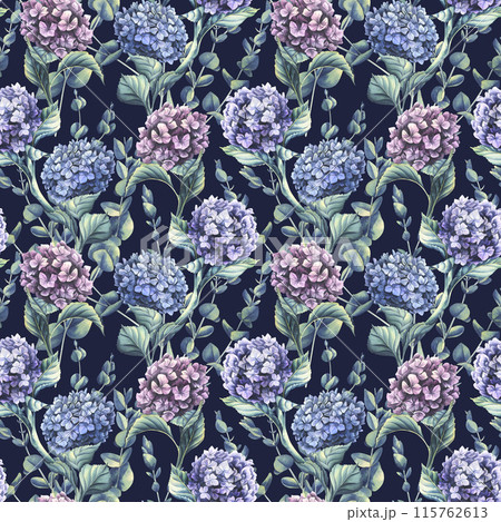 Hydrangea flowers of blue, lilac and pink flowers with eucalyptus branches on a dark background. Watercolor illustration. Seamless pattern from the WEDDING FLOWERS collection. For decoration, design. 115762613