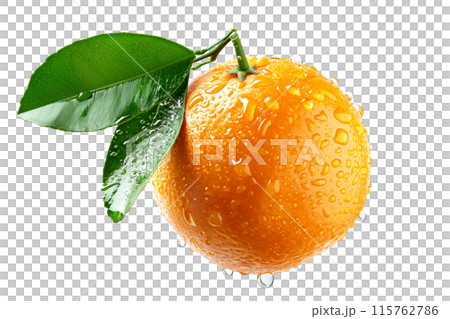 A fresh, juicy orange with water droplets represents natural, vibrant citrus goodness isolated on a white transparent background 115762786