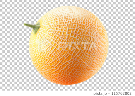 A ripe and juicy cantaloupe melon isolated on a white transparent background, highlighting its textured skin. 115762802