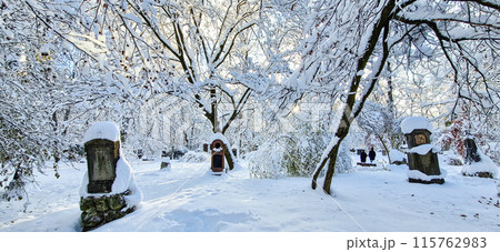 Winter view of famous Old North Cemetery of Munich, Germany with historic gravestones. Winter view of famous Old North Cemetery of Munich, Germany with historic gravestones. 115762983