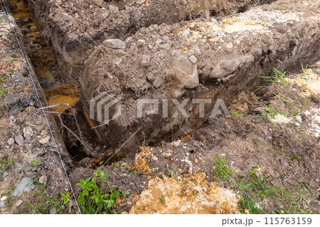 Construction works in progress, corner of deep foundation trench 115763159