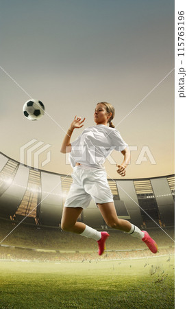 Vertical image with young focused girl, soccer player in motion, action, hitting ball with chest. 3D render of open air stadium with tribune filled with fans 115763196