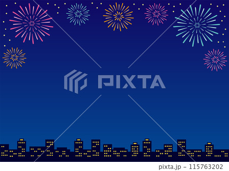 花火が上がる街の横向きのフレームイラスト 115763202