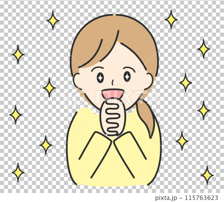 An illustration of a woman clasping her hands together to express joy. An image of excitement, thrill, excitement, and gratitude. 115763623
