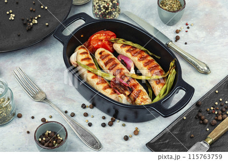 German grilled barbecue sausages. German grilled barbecue sausages. 115763759