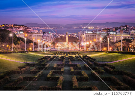 View of Lisbon Marquis of Pombal Square seen from the Eduardo VII Park in night, Portugal 115763777