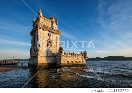 Belem Tower on the bank of the Tagus River on sunset. Lisbon, Portugal 115763779