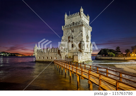 Belem Tower on the bank of the Tagus River in twilight. Lisbon, Portugal 115763780