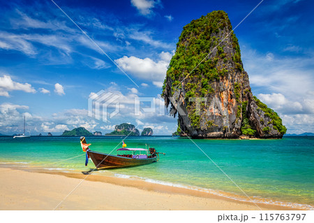 Long tail boat on beach, Thailand Long tail boat on beach, Thailand 115763797