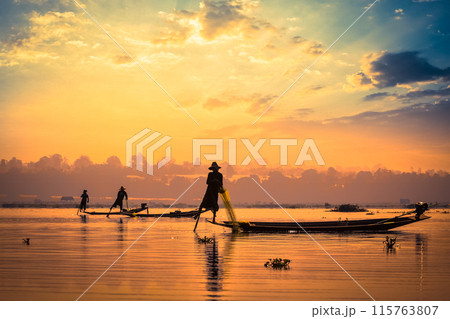 Traditional Burmese fishermen at Inle lake Myanmar Traditional Burmese fishermen at Inle lake Myanmar 115763807