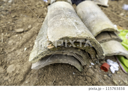 Detail of old baked clay tiles, protection for roofs Detail of old baked clay tiles, protection for roofs 115763838