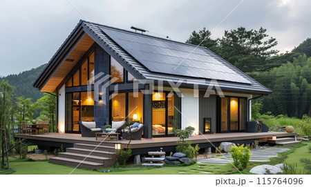 Modern villa hung with solar panels Modern villa hung with solar panels 115764096