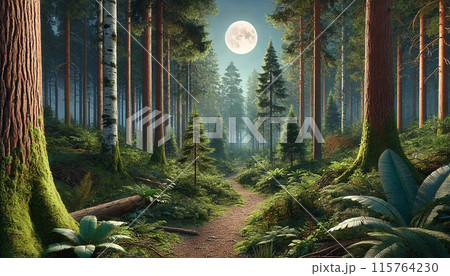 月明かりに照らされた森の小道 115764230
