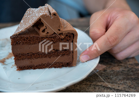 Vienna, Austria, August 18, 2022. Close-up shot of a delicious slice of chocolate cake Vienna, Austria, August 18, 2022. Close-up shot of a delicious slice of chocolate cake 115764269