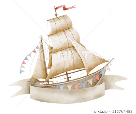 Sailboat watercolor illustration with ribbon for text. Template with sailing ship in pastel colors for Baby shower design or childish invitations. Sketch of Boat or Yacht for kids design. 115764482