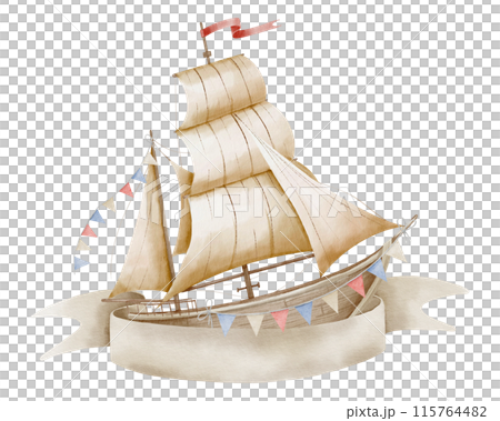 Sailboat watercolor illustration with ribbon for text. Template with sailing ship in pastel colors for Baby shower design or childish invitations. Sketch of Boat or Yacht for kids design. 115764482