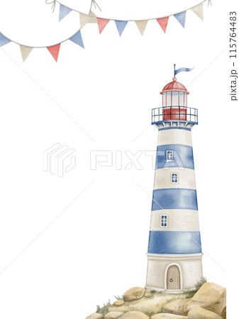 Watercolor Illustration of a Lighthouse with Nautical Flags. Drawing of Beacon painted in pastel blue, beige and red colors. Template for Baby shower greeting cards or childish invitations. Kids Frame 115764483