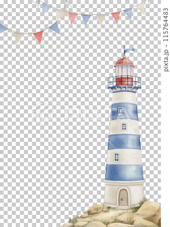 Watercolor Illustration of a Lighthouse with Nautical Flags. Drawing of Beacon painted in pastel blue, beige and red colors. Template for Baby shower greeting cards or childish invitations. Kids Frame 115764483