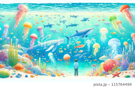 海の生き物と熱帯魚の群れのイラスト 115764499