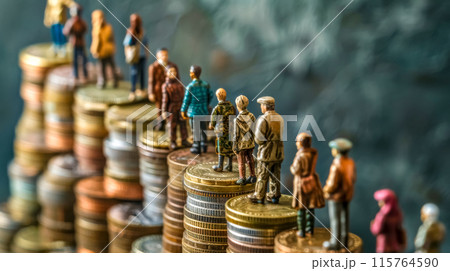 Miniature figures standing on stacked coins...のイラスト素材 [115764590] - PIXTA