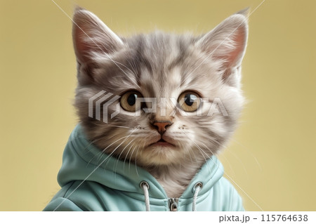 portrait of a scared kitten in a sports sweatshirt, isolated on a yellow background 115764638
