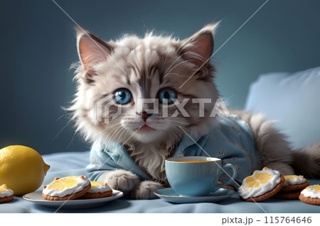 Cute cat in pajamas drinks hot tea with lemon 115764646