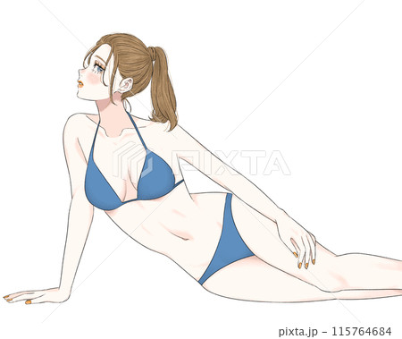 水着姿でこちらを見つめるポニーテールの女の子のイラスト素材