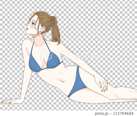 A girl with a ponytail staring in a swimsuit 115764688