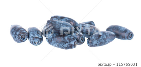 Honeysuckle isolated on white background. Fresh honeysuckle blue berry fruits. Clipping path. Honeysuckle isolated on white background. Fresh honeysuckle blue berry fruits. Clipping path. 115765031