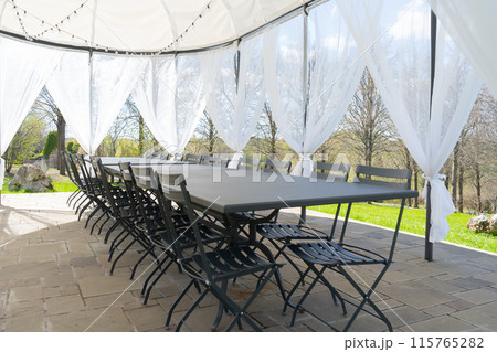Party tent, white garden party, wedding entertainment tent in modern garden. High quality photo Party tent, white garden party, wedding entertainment tent in modern garden. High quality photo 115765282