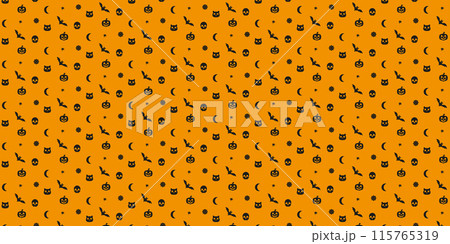 Halloween orange seamless pattern. background with pumpkins, skulls, bats, spider web. Vector illustration Halloween orange seamless pattern. background with pumpkins, skulls, bats, spider web. Vector illustration 115765319