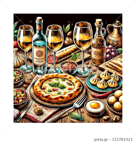 白ワインがすすむ、おもてなしディナーテーブル　opulent feast イラスト　AI制作 115765323