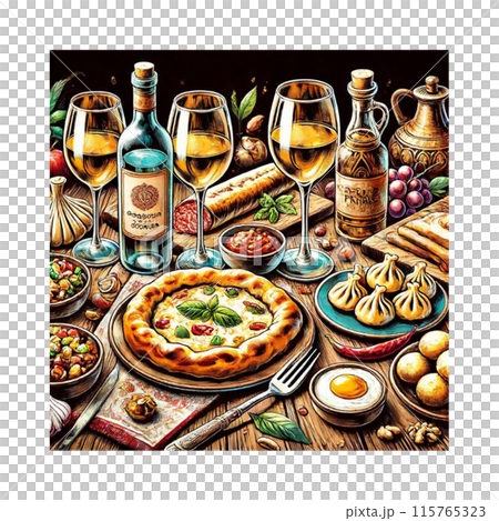 白ワインがすすむ、おもてなしディナーテーブル　opulent feast イラスト　AI制作 115765323