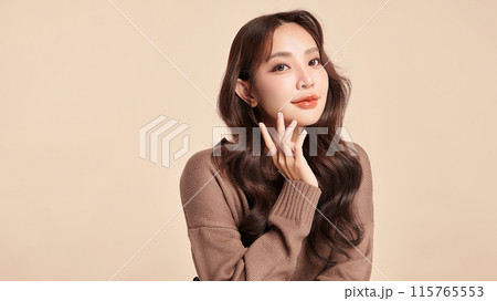 Beautiful young asian woman with clean fresh skin on beige background, Face care, Facial treatment, Cosmetology, beauty and spa, Asian women portrait. 115765553