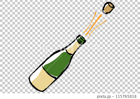 Illustration of opening a bottle of champagne with the cork popping Illustration of opening a bottle of champagne with the cork popping 115765818