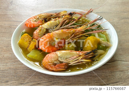 boiled spicy mixed vegetable topping grilled river shrimp soup on plate boiled spicy mixed vegetable topping grilled river shrimp soup on plate 115766087