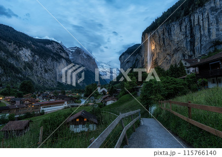 Lauterbrunnen and Staubbach waterfall at Night Lauterbrunnen and Staubbach waterfall at Night 115766140