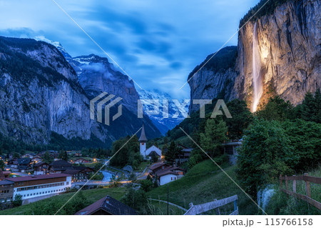 Lauterbrunnen and Staubbach waterfall at Night Lauterbrunnen and Staubbach waterfall at Night 115766158