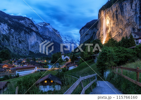 Lauterbrunnen and Staubbach waterfall at Night 115766160