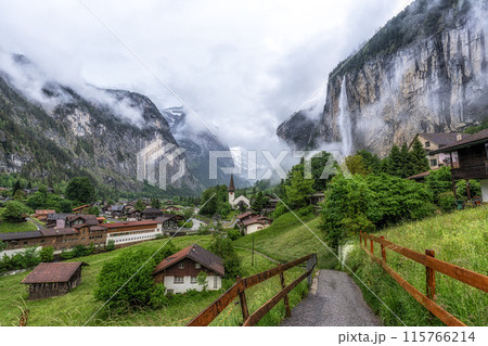 Lauterbrunnen and Staubbach waterfall Lauterbrunnen and Staubbach waterfall 115766214