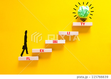 Flexibility symbol. Concept word Flexibility on beautiful wooden blocks. Businesswoman icon. Beautiful yellow background. Business flexibility concept. Copy space. 115766639