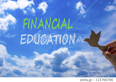 Financial education symbol. Concept words Financial education on beautiful sky. Beautiful blue sky cloud background. Businessman hand with wooden bird. Business Financial education concept. Copy space Financial education symbol. Concept words Financial education on beautiful sky. Beautiful blue sky cloud background. Businessman hand with wooden bird. Business Financial education concept. Copy space 115766706