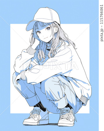 ストリートカジュアルの女の子がしゃがんでこちらを見ているのイラスト