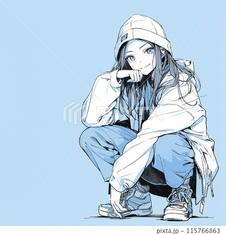 ストリートカジュアルの女の子がしゃがんでこちらを見ている 115766863