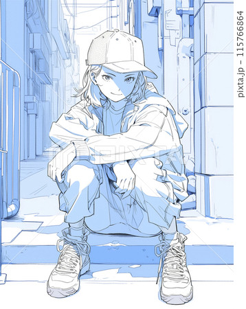 ストリートカジュアルの女の子がしゃがんでこちらを見ている 115766864