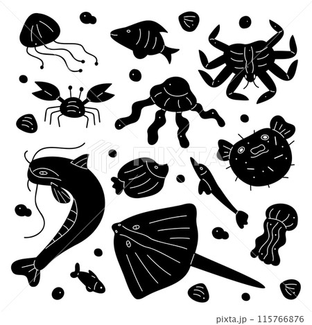 Doodle set with silhouette fish, jellyfish and crabs. Black and white clip art illustration. Doodle set with silhouette fish, jellyfish and crabs. Black and white clip art illustration. 115766876