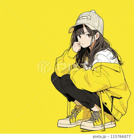 しゃがんでこちらを覗き込む女性 イエローバック しゃがんでこちらを覗き込む女性 イエローバック 115766877